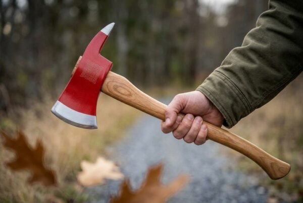 Red enamelled felling axe head with engraved knotwork and bright edge on a hickory handle held out in hand on a forest track