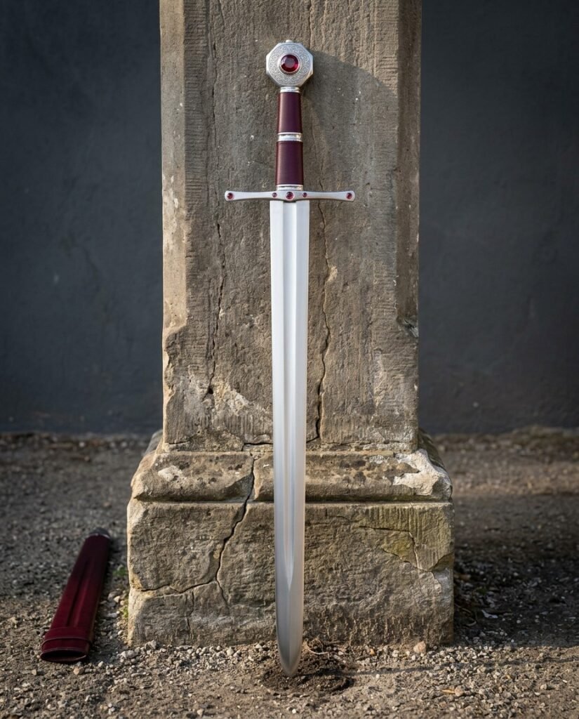 Red stone knightly sword with a mirror polished blade, engraved octagonal pommel and oxblood leather grip standing point down against a cracked stone plinth outdoors