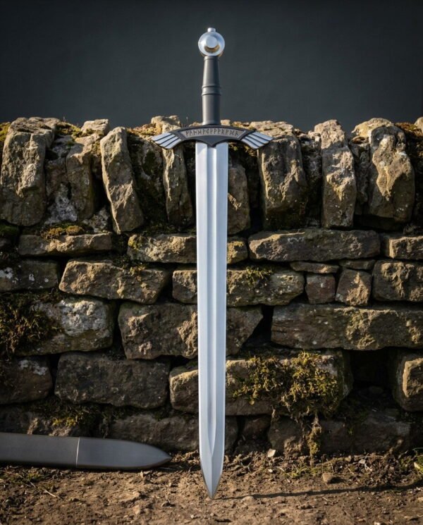Ring pommel viking sword in 1095 steel with Elder Futhark runes cut across the guard, standing point down against a mossy dry stone wall in low sun