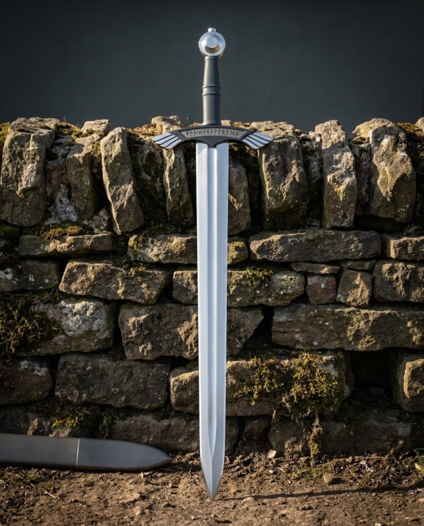 Ring pommel viking sword in 1095 steel with Elder Futhark runes cut across the guard, standing point down against a mossy dry stone wall in low sun