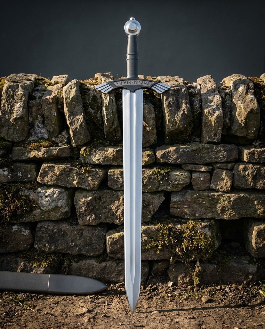 Ring pommel viking sword in 1095 steel with Elder Futhark runes cut across the guard, standing point down against a moss Ring pommel viking sword in 1095 steel with Elder Futhark runes cut across the guard, standing point down against a mossy dry stone wall in low sun
