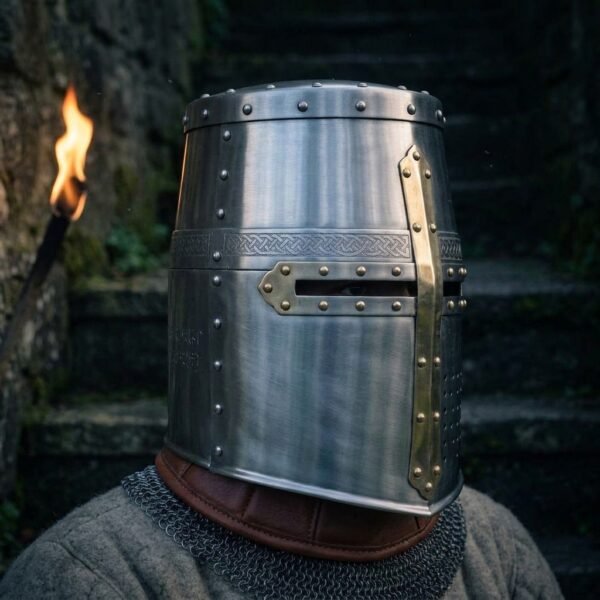 Riveted steel great helm with brass cross and knotwork engraved band worn in profile over a chainmail collar with a burning torch behind