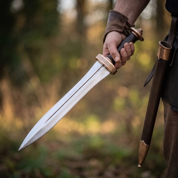Roman pugio dagger with double edged midrib blade, engraved bronze guard and dark grip held beside its leather sheath