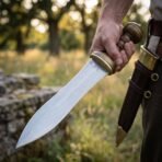 Roman pugio dagger with waisted steel blade, brass guard and ball pommel held in hand beside a brass mounted leather sheath