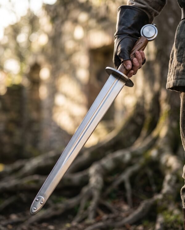Rondel dagger trainer held point down in a gloved hand beside the roots of an old tree