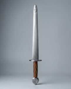Rondel dagger trainer with two steel discs, a riveted blunting plate over the point and a fluted walnut grip lying on a plain grey studio backdrop