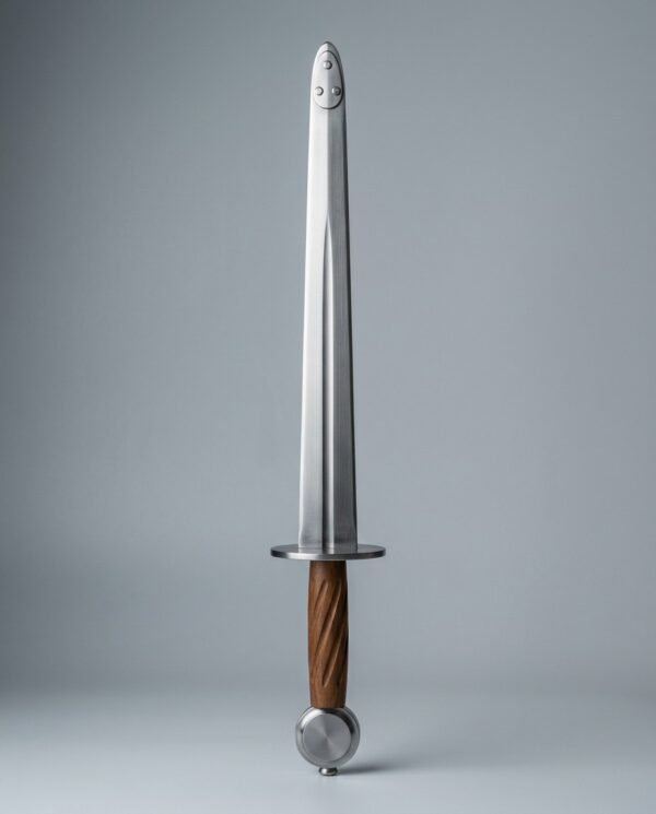Rondel dagger trainer with two steel discs, a riveted blunting plate over the point and a fluted walnut grip lying on a plain grey studio backdrop