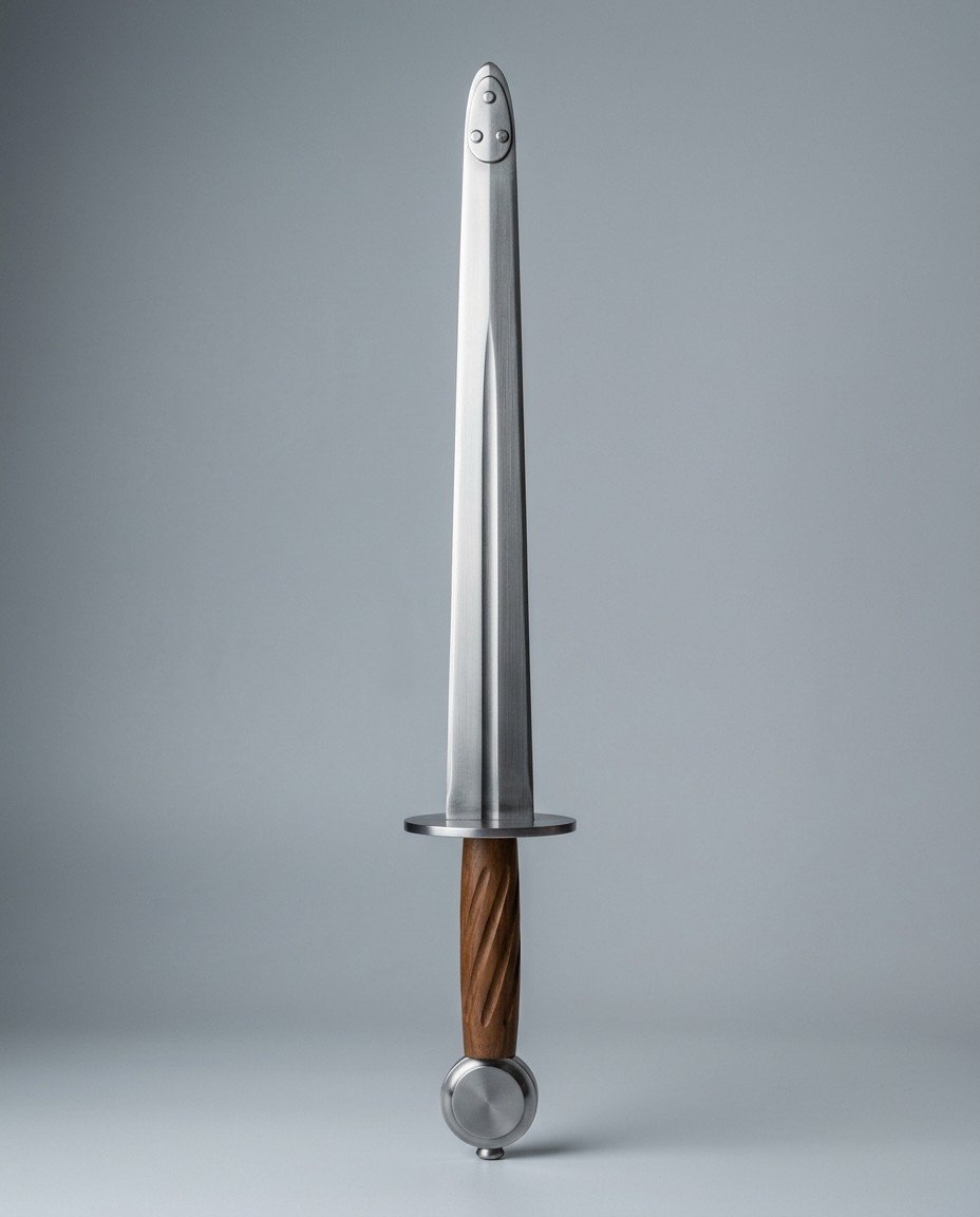 Norvakt Rondel Dagger Trainer RK-3021 Rondel dagger trainer with two steel discs, a riveted blunting plate over the point and a fluted walnut grip lying on a plain grey studio backdrop