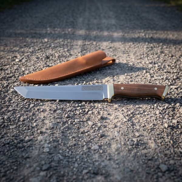 Knotsax Hand Forged 1095 Steel Broken Back Seax | 14 Inch Overall | Rosewood Scales and Brass Bolster with Etched Knotwork Panel and Tan Leather Sheath | Norse Gift | RK-2109