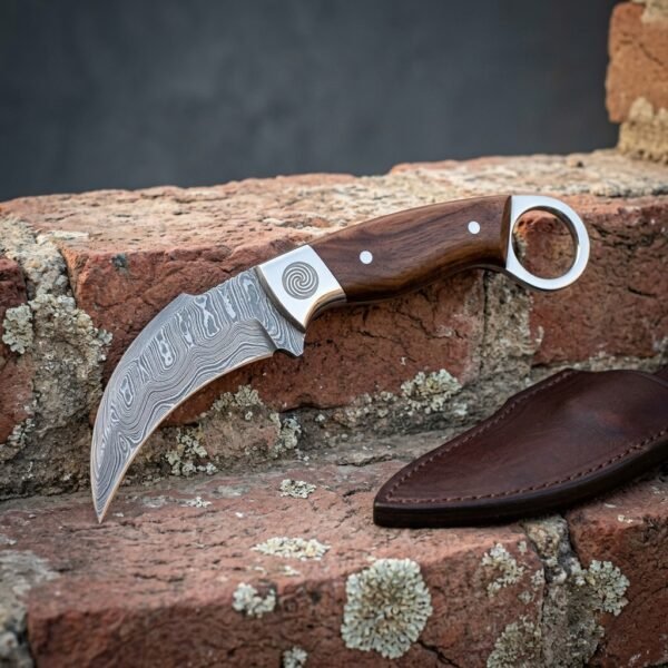 Clawfold Hand Forged Damascus Karambit Knife | 8 Inch Overall | Rosewood Scales and Spiral Engraved Bolster with Steel Finger Ring | EDC Collector Gift | RK-1902