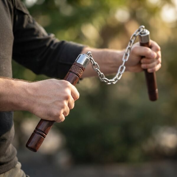 Rosewood nunchaku with steel chain and knotwork collars held in both hands outdoors, green foliage out of focus behind