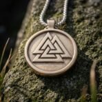 Close up of a round bronze tone valknut pendant with raised interlocked triangles and box chain resting on a moss covered rock