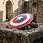Round steel display shield painted with red and white bands and a white star on blue, tilted on a stone block in ruins