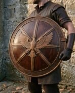 Round wooden shield carved with a spread winged eagle held at the side by a man in a leather jerkin
