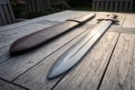 Rounded tip of a pattern welded Damascus Viking sword blade seen from the point with its brown leather scabbard alongside on grey garden decking