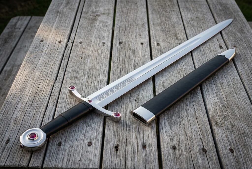Ruby pommel arming sword in polished 1095 steel with red stone set guard terminals and a black leather grip laid on weathered decking beside its black scabbard