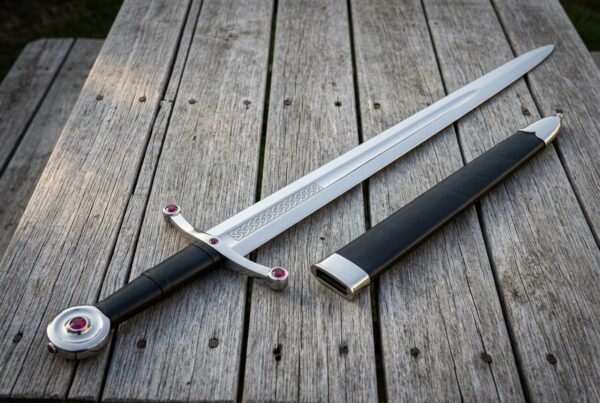 Ruby pommel arming sword in polished 1095 steel with red stone set guard terminals and a black leather grip laid on weathered decking beside its black scabbard