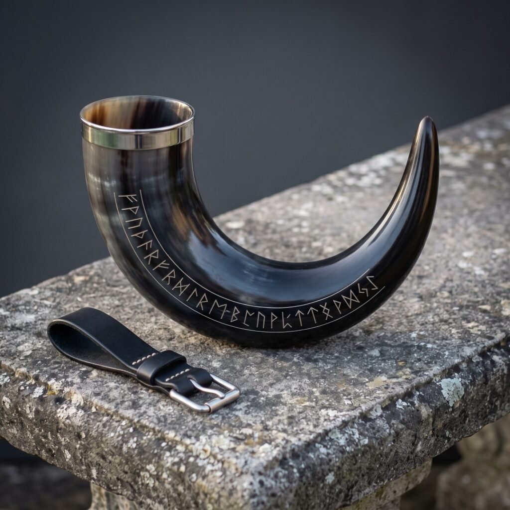 Rune drinking horn in dark polished ox horn with a full Elder Futhark row cut along the curve, a steel rim and a black leather belt loop on stone