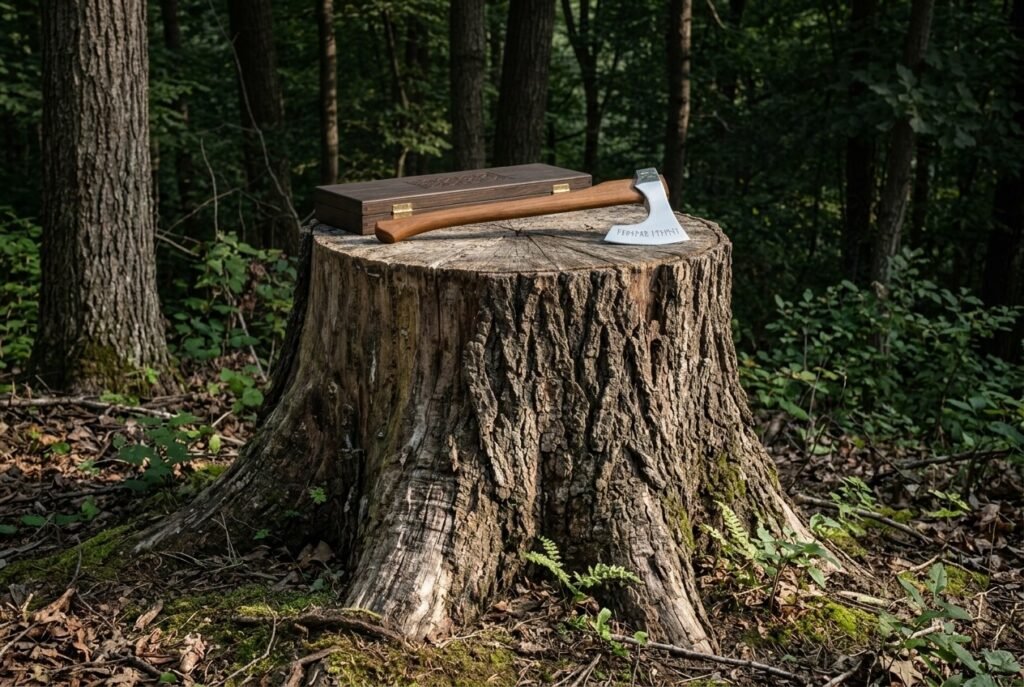 Rune engraved 1095 steel bearded axe with a hickory haft resting on a broad tree stump beside its carved dark hardwood presentation box in woodland