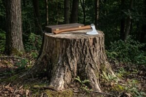 Rune engraved 1095 steel bearded axe with a hickory haft resting on a broad tree stump beside its carved dark hardwood presentation box in woodland