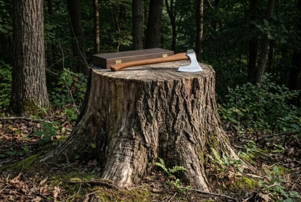 Rune engraved 1095 steel bearded axe with a hickory haft resting on a broad tree stump beside its carved dark hardwood presentation box in woodland