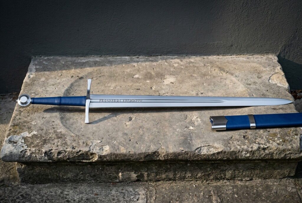 Rune engraved arming sword with a blue leather grip and wheel pommel lying beside a matching blue scabbard on a weathered stone step against a dark wall