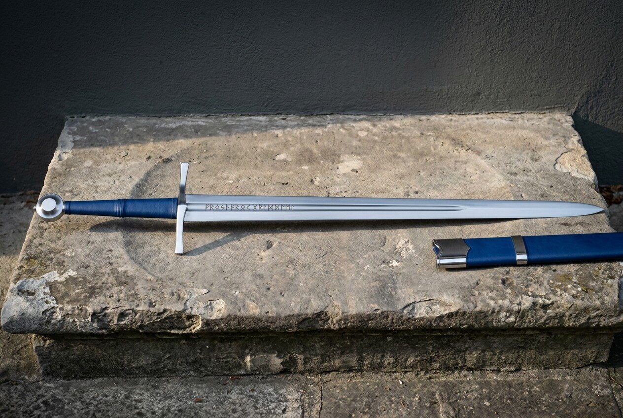 Rune engraved arming sword with a blue leather grip and wheel pommel lying beside a matching blue scabbard on a weathere Rune engraved arming sword with a blue leather grip and wheel pommel lying beside a matching blue scabbard on a weathered stone step against a dark wall