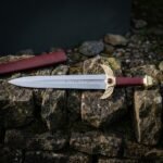 Goldplume Hand Forged 1095 Steel Rune Engraved Dagger | 18 Inch Overall | Brass Winged Guard with Red Cabochon and Red Scabbard | Norse Gift | RK-1864