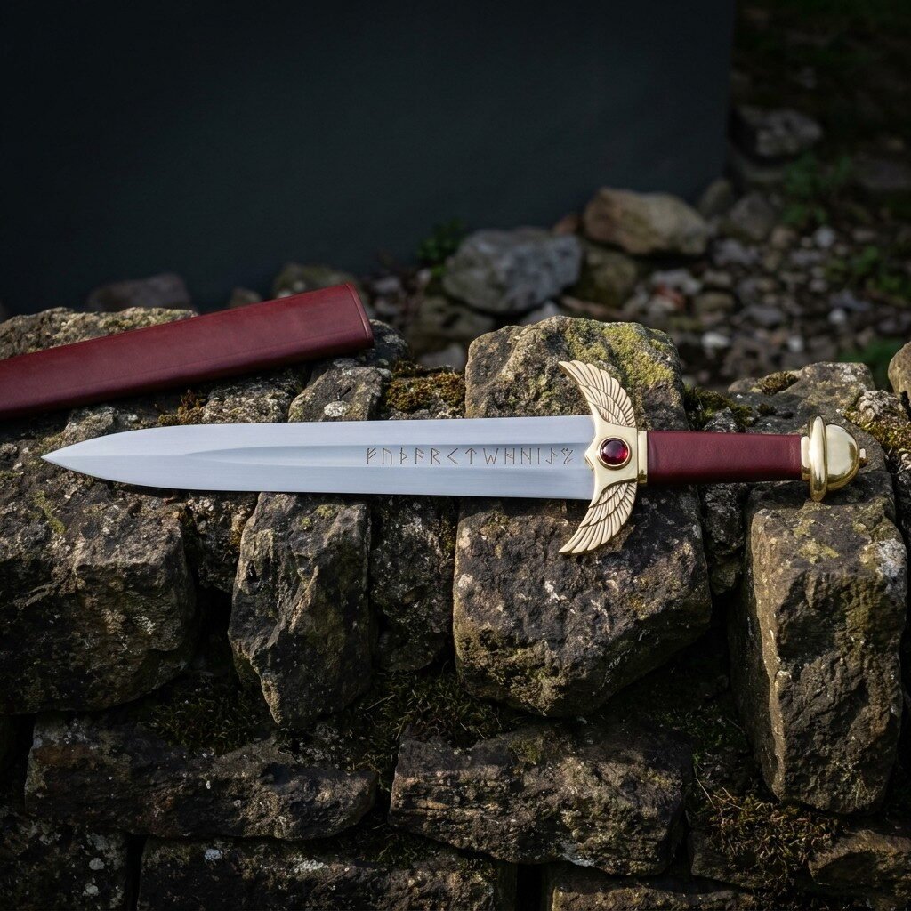 Rune engraved dagger with a brass winged guard, red cabochon and red leather grip laid across a dry stone wall beside it Rune engraved dagger with a brass winged guard, red cabochon and red leather grip laid across a dry stone wall beside its matching red scabbard