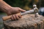 Rune engraved steel blacksmith hammer with ash grip held over a tree stump scattered with wood shavings