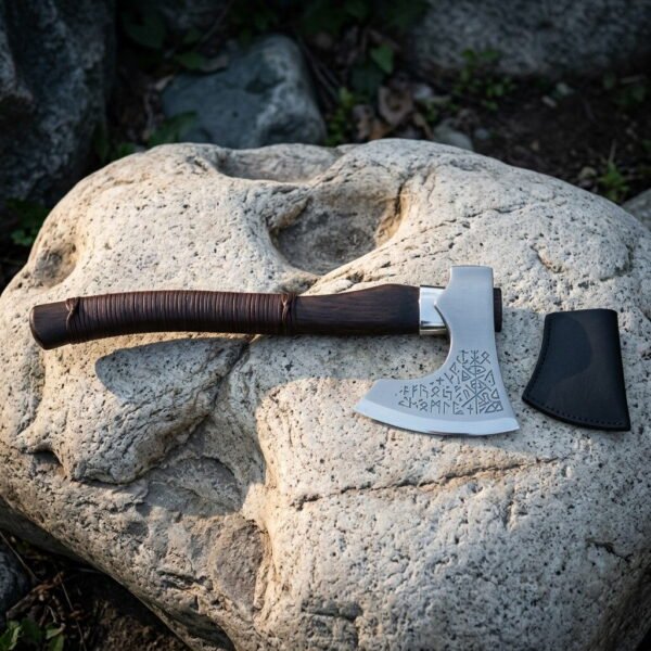 Rune engraved viking axe with Norse staves cut across a polished steel head and a dark walnut haft, resting on a pale volcanic boulder beside its leather cover