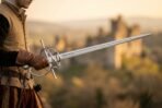 Rune etched rapier with swept steel hilt held in a gloved hand with a castle ruin blurred behind
