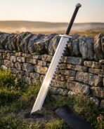 Rune etched steel sword with hooked saw teeth along the spine propped against a stone wall in morning mist