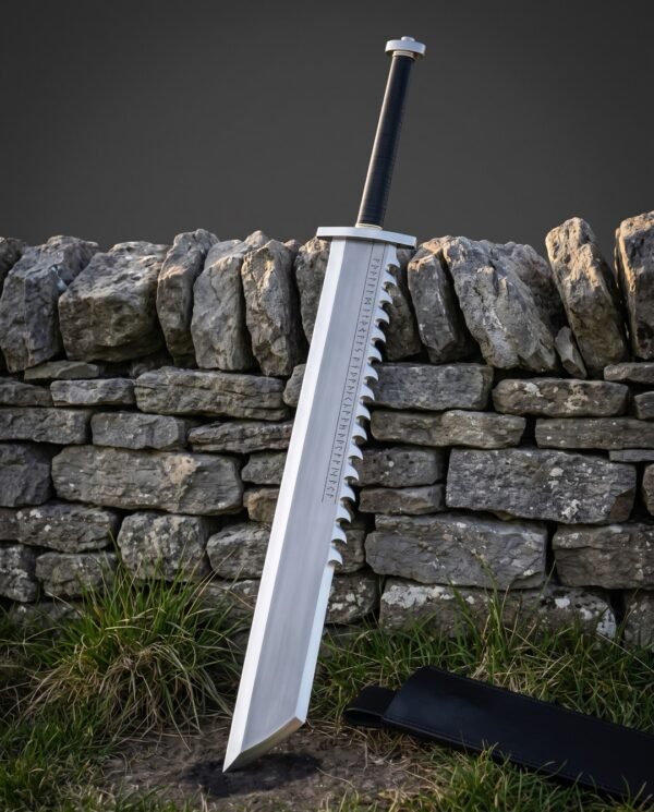 Rune sword with a sawtooth spine and Elder Futhark etching standing against a dry stone wall in a grass field beside its black leather scabbard