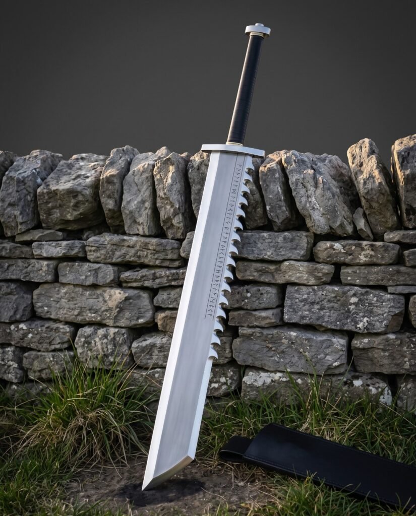 Rune sword with a sawtooth spine and Elder Futhark etching standing against a dry stone wall in a grass field beside its black leather scabbard