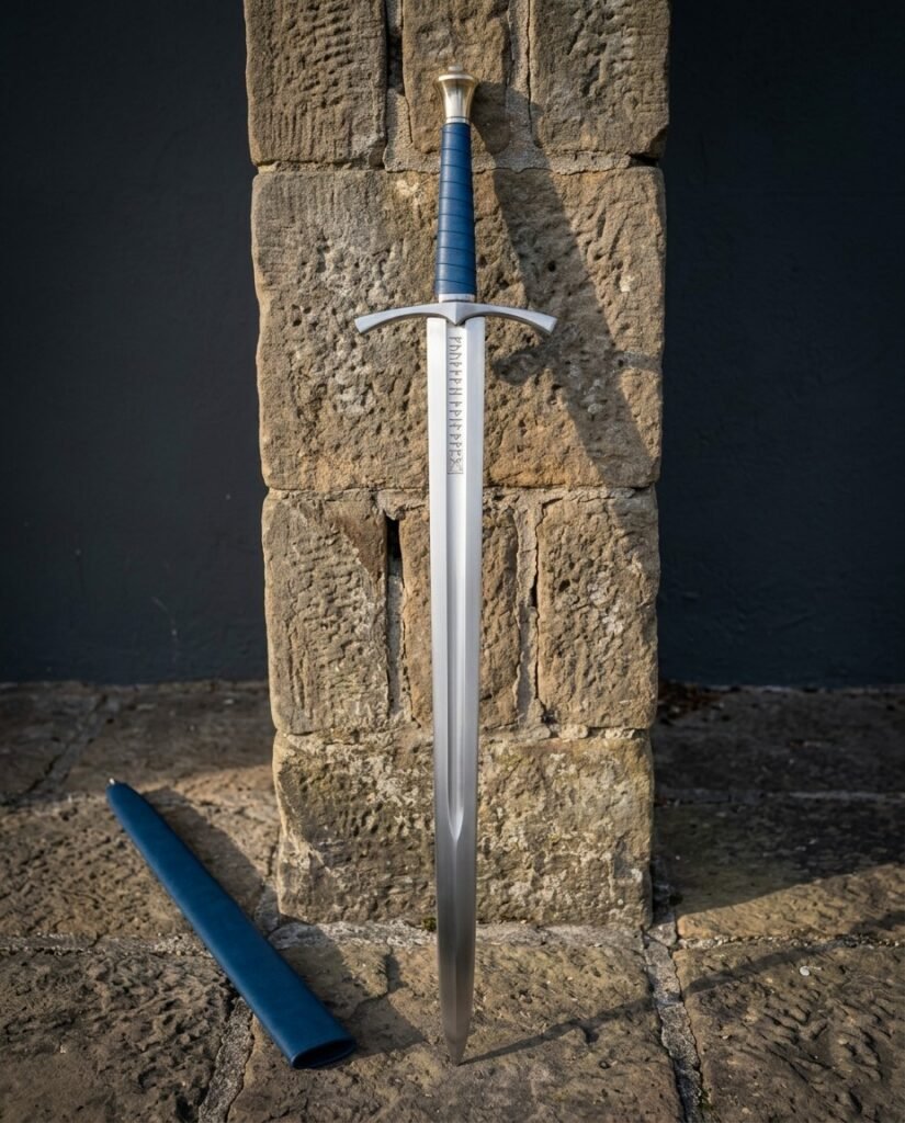 Runic knightly sword standing against a sandstone pillar with a blue dyed leather grip, cut rune column and faceted pommel above its blue scabbard