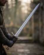 Runic knightly sword with blue grip held in gloved hands with the blade raised at an angle in a ruined courtyard
