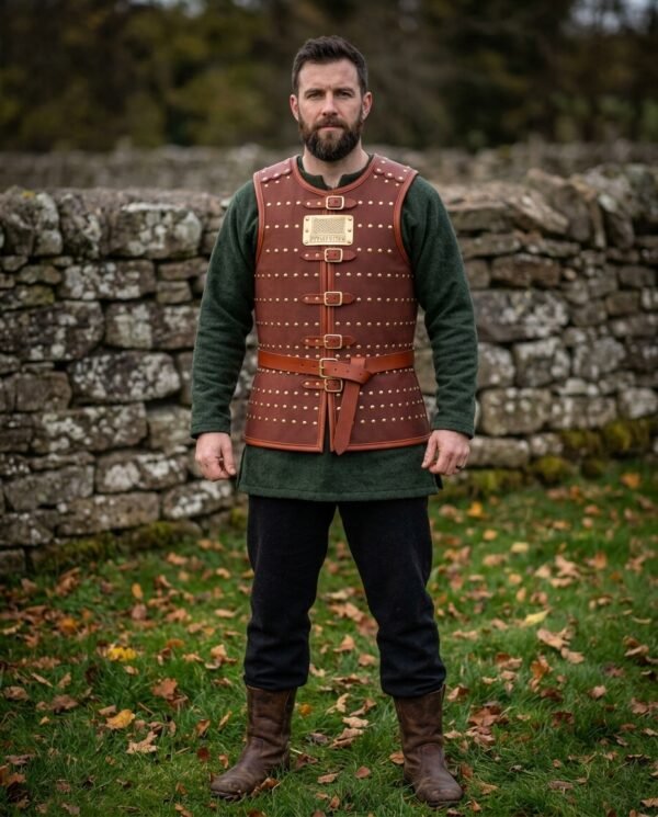 Russet leather cuirass with brass domed rivets, buckle straps and brass chest plaque worn by a man standing by a stone wall