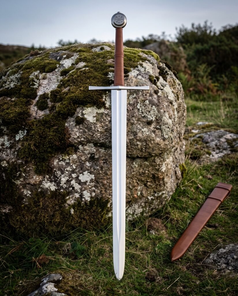 Satin polished Vegvisir arming sword with a runic compass engraved disc pommel and brown leather grip standing on moorland grass beside a lichened boulder
