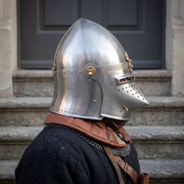 Satin steel pig faced bascinet with pointed hounskull visor, knotwork brow band and brass hinge worn in profile by a man in a dark gambeson