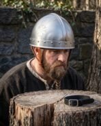 Satin steel Viking helmet with riveted brow band and engraved Vegvisir worn by a bearded man by a stone wall