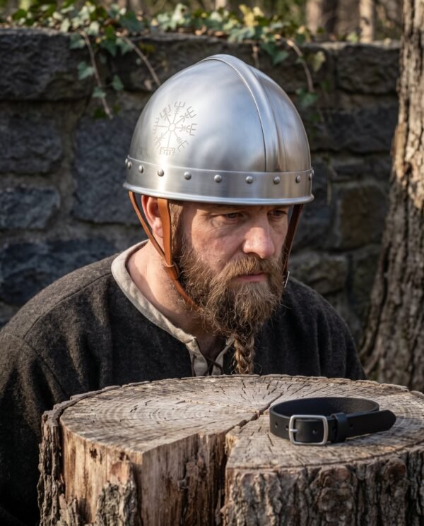 Satin steel Viking helmet with riveted brow band and engraved Vegvisir worn by a bearded man by a stone wall