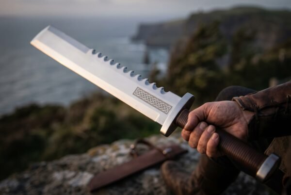 Sawback machete with polished blade, knotwork etched panel and leather wrapped grip held above a sea cliff