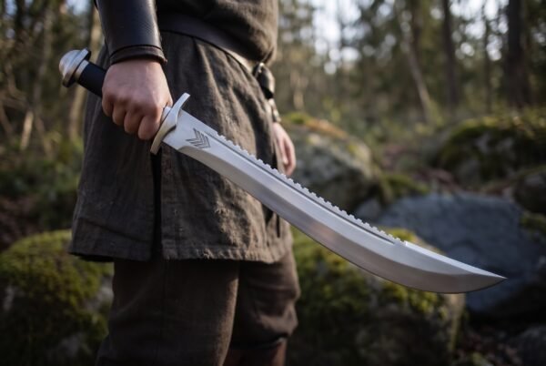 Sawback short sword with polished blade held down at the side by a man in a woodland, black grip and steel guard