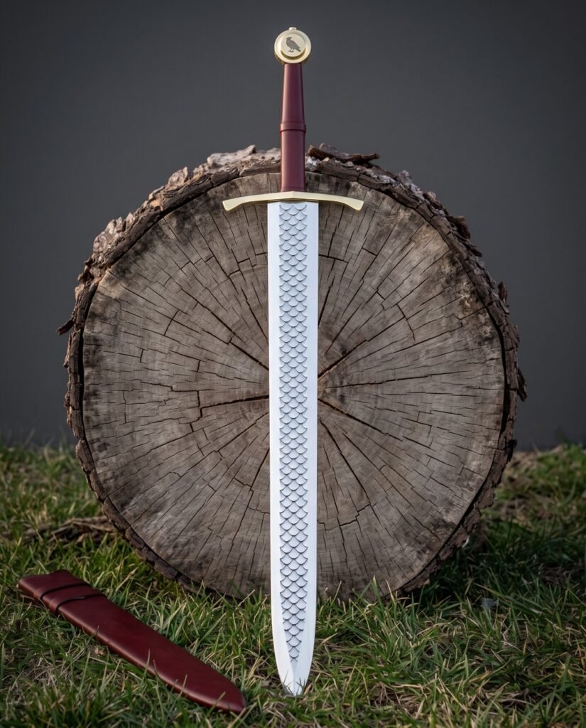 Scale etched raven pommel sword with a dragon scale blade pattern and oxblood leather grip standing against a cut log round on green grass
