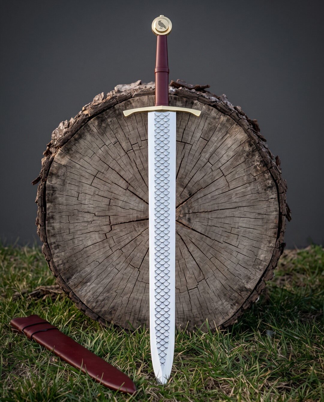 Scale etched raven pommel sword with a dragon scale blade pattern and oxblood leather grip standing against a cut log ro Scale etched raven pommel sword with a dragon scale blade pattern and oxblood leather grip standing against a cut log round on green grass