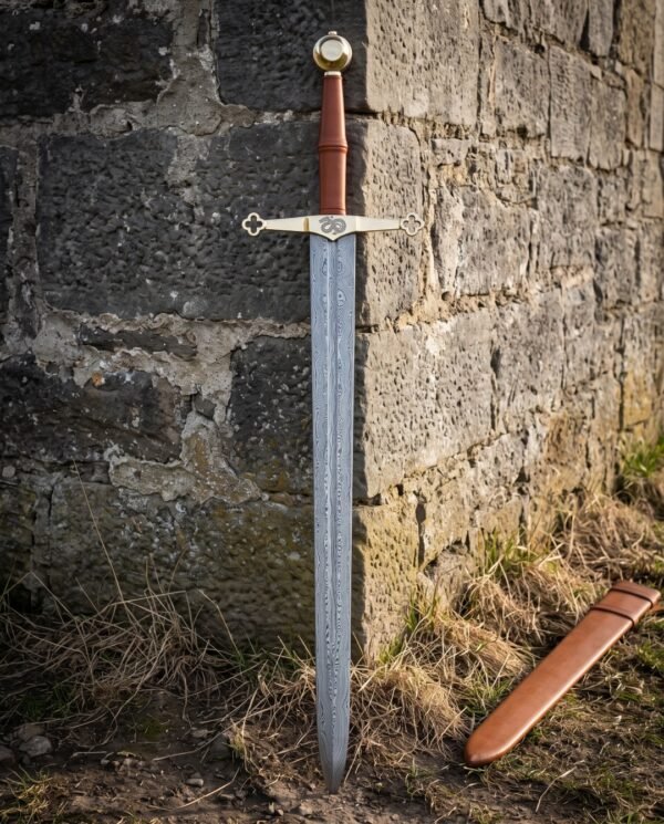 Serpent guard damascus sword with a pattern welded blade, brass quatrefoil crossguard, brown leather grip and cabochon set brass pommel leaning on an old stone wall