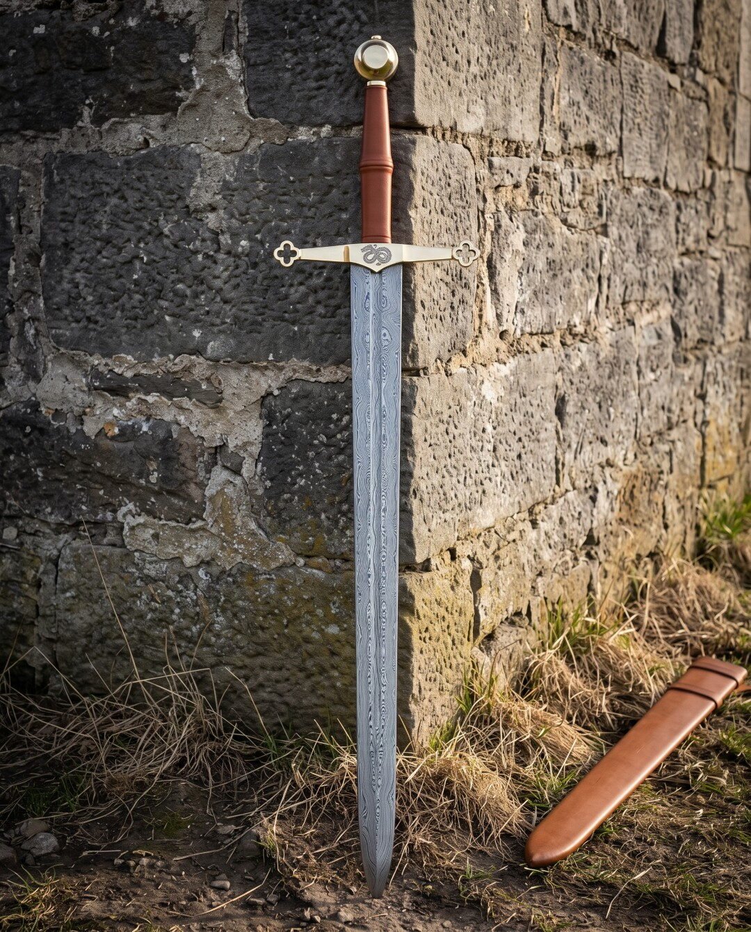 Serpent guard damascus sword with a pattern welded blade, brass quatrefoil crossguard, brown leather grip and cabochon s Serpent guard damascus sword with a pattern welded blade, brass quatrefoil crossguard, brown leather grip and cabochon set brass pommel leaning on an old stone wall