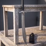 Notchfang Hand Forged Damascus Short Sword with Serrated Spine | Notched Steel Guard and Black Grip | Black Leather Belt Sheath | Fantasy Collector Gift | RK-2053