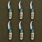 Set of 6 matching pieces: Bonewarden Hand Forged Damascus Skinner Knife with White Bone Handle
